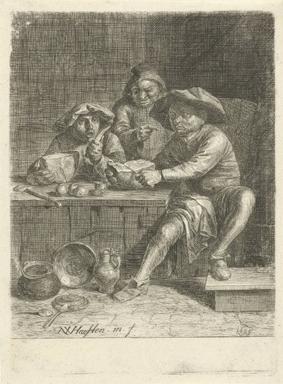 Boeren aan een tafel met brood door Nicolaes van Haeften