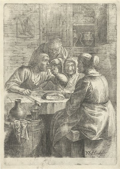 Drie etende oude vrouwen aan een tafel door Nicolaes van Haeften
