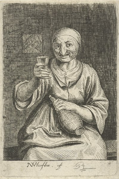 Oude vrouw met glas en kruik door Nicolaes van Haeften