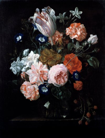 Een tulp, anjers en ochtendglorie in een glazen vaas, 17e eeuw door Nicolaes van Veerendael