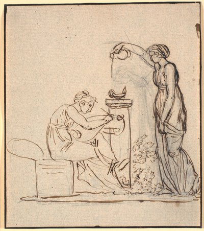 A genio lumen. Een zittende vrouw schrijft, rechts van haar giet een andere vrouw olie in een lamp door Nicolai Abildgaard