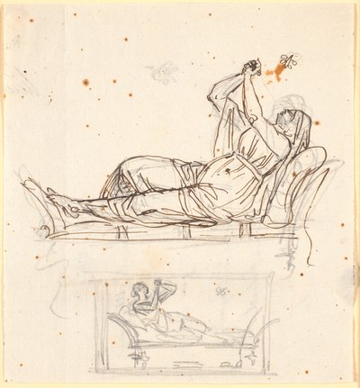 Blad met twee studies van een vrouw, liggend op een antieke bank door Nicolai Abildgaard