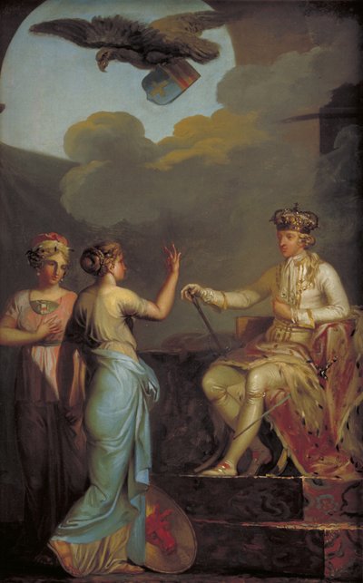 Christian VII verenigt het Hertogelijke met het Koninklijke deel van Holstein in 1773 door Nicolai Abildgaard