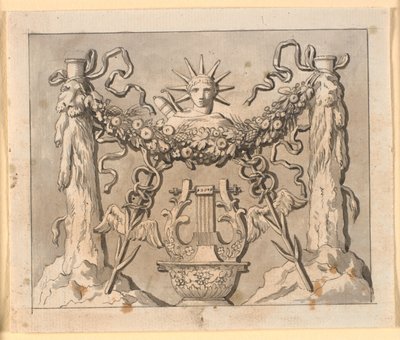 Decoratieve compositie met Herakles-zuilen, Apollo