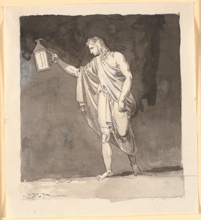 Diogenes die in het donker schijnt met een lantaarn door Nicolai Abildgaard
