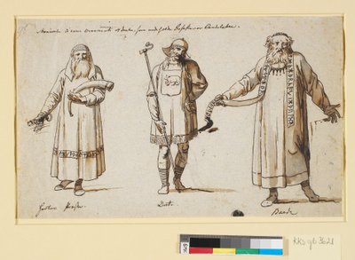 Kostuumstudies. Vermoedelijk voor het theater. Drie figuren, een priester van Herta, een koning en een bard door Nicolai Abildgaard