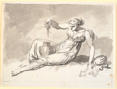 Herfst, een zittende vrouw die druiven perst door Nicolai Abildgaard