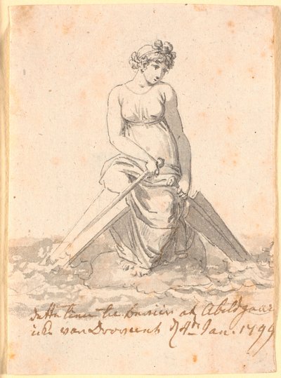 Een vrouw zittend op een steen in het water met twee roeispanen of roeren door Nicolai Abildgaard