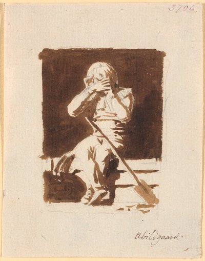 Een kleine huilende jongen, zittend met een schop of roeispaan, op de rand van een boot door Nicolai Abildgaard