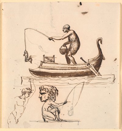 Een man in een boot, een vis optillend aan een lijn. Onder een schets van een visser, een hoofd en een naakte man door Nicolai Abildgaard