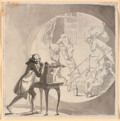 Een man met een toverlantaarn toont een diefstal die plaatsvindt onder de neus van de slapende wachter door Nicolai Abildgaard