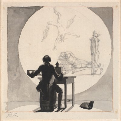 Een man met een toverlantaarn toont een beeld van de achteruitgang van handel en ambacht - de manke Mercurius, de slapende Vulcanus etc. door Nicolai Abildgaard