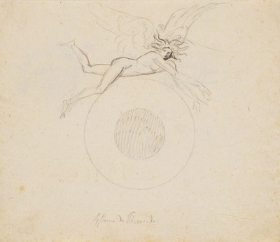 Een gevleugelde genius, zwevend boven een wereldbol, aangegeven met een paar cirkelbogen door Nicolai Abildgaard