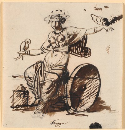 Frigga, zittend, met een havik op elke hand door Nicolai Abildgaard