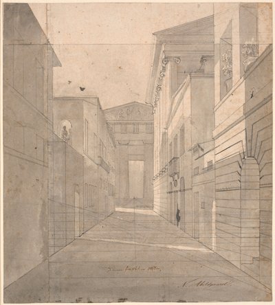 Straat in een antieke stad. Perspectivische studie voor het schilderij "Simo vertrouwt zich toe aan Sosia" door Nicolai Abildgaard