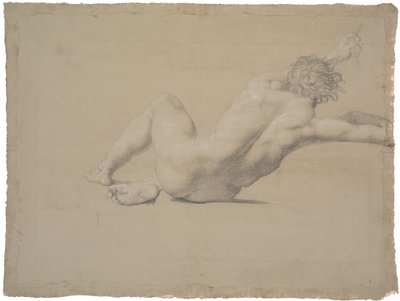 Halfliggende model. Gezien vanaf de rug. Linkerarm uitgestrekt, hand grijpt een touw. Benen gebogen, rechter onder linker door Nicolai Abildgaard