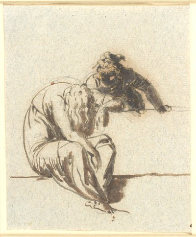 Op de voorgrond een zittende gebogen vrouwenfiguur, achter een borstwering leunt een andere naar haar toe door Nicolai Abildgaard