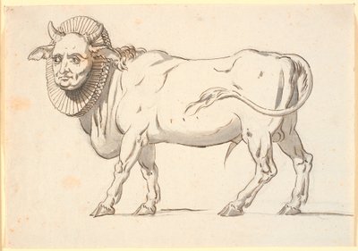 Karikatuur van een geestelijke persoon, in de gedaante van een stier met een menselijk gezicht en een pijpkraag om de hals door Nicolai Abildgaard