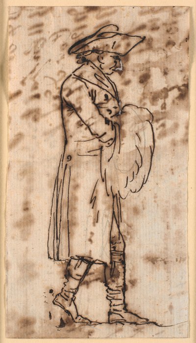 Karikatuur met een wandelende man met handen in een mof, in profiel rechts door Nicolai Abildgaard