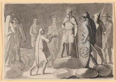 Compositieontwerp; een koning, omringd door krijgers op een tingsted, geeft een man een ridderzwaard door Nicolai Abildgaard