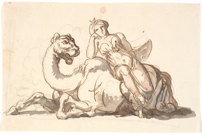 Vrouwelijke figuur met tulband en halve maan, zittend leunend tegen een fantastische kameel. Allegorie op Azië door Nicolai Abildgaard