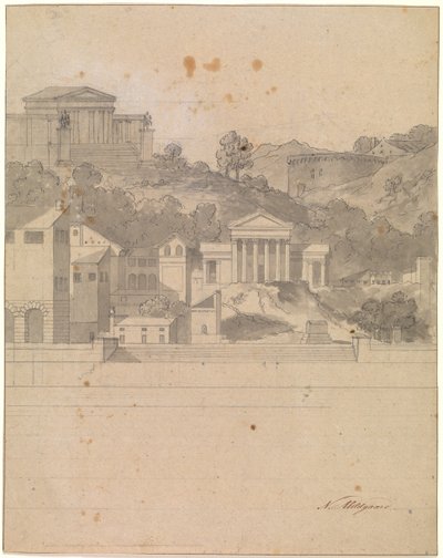 Landschap met antieke gebouwen. Decoratieontwerp door Nicolai Abildgaard