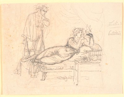 Lesbia en Catullus. Lesbia ligt, een vogel houdend op haar linkerhand. Catullus staat achter haar door Nicolai Abildgaard