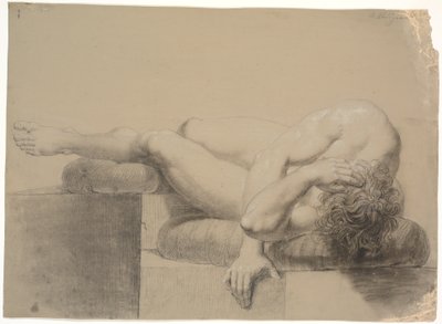 Liggend model. Naar links. Hoofd en bovenlichaam rustend op een kussen, benen omhoog en linkerbeen rustend op een ander kussen door Nicolai Abildgaard
