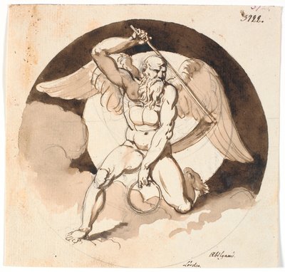 Zaterdag. Tijd of dood gevleugelde manfiguur, met een zeis in de ene hand, in de andere een gesloten ring door Nicolai Abildgaard