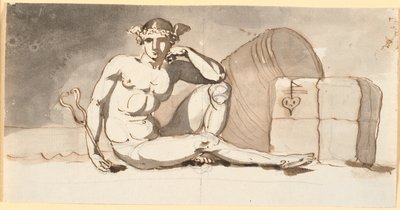 Mercurius, zittend bij balen goederen. Allegorie op de handel door Nicolai Abildgaard