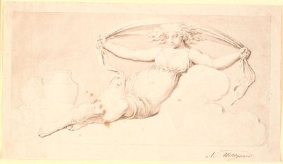 De nacht, een rustende vrouwenfiguur. Uitgevoerd als grisaille. Zelfde compositie als Td 542,38 maar zonder vleugels en met los haar door Nicolai Abildgaard