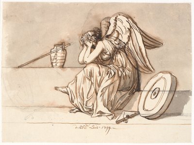 Nemesis bedekt haar ogen in verdriet. Allegorie op de verbanning van P.A. Heiberg door Nicolai Abildgaard