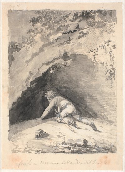 Niels Klim kruipt in de grot door Nicolai Abildgaard