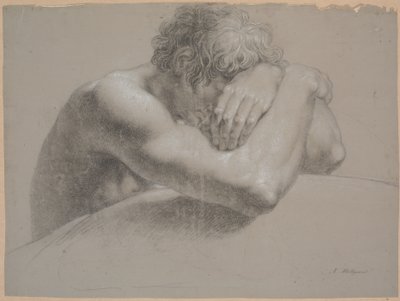 Bovenlichaam van zittend model. Armen gekruist. Hoofd half verborgen door linkerhand door Nicolai Abildgaard