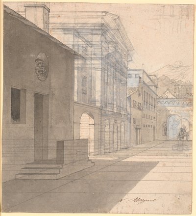 Perspectivische studie van de architectuur in het beeld van de vroedvrouw die het huis van Androspigen verlaat door Nicolai Abildgaard
