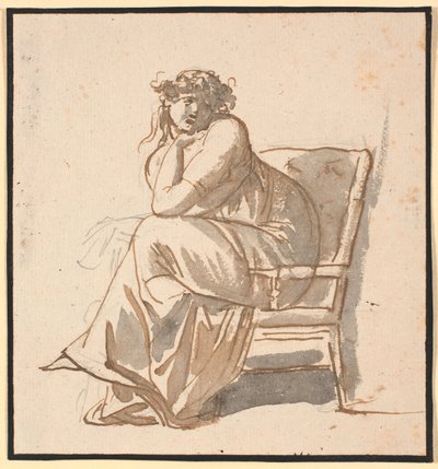 Profielbeeld van de tweede vrouw van de kunstenaar Juliane Marie Abildgaard geb. Ottesen, zwanger, zittend in een leunstoel met de kin gesteund op de hand en de elleboog op de knie door Nicolai Abildgaard