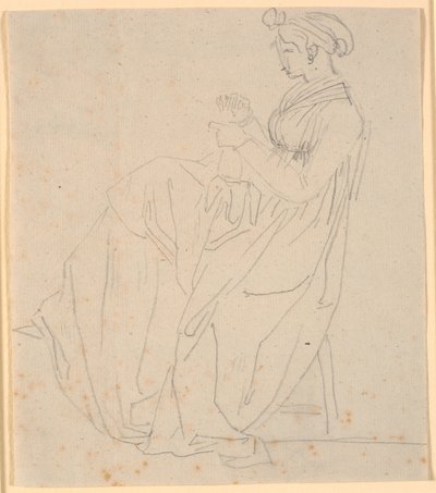 Profielportret van de tweede vrouw van de kunstenaar Juliane Marie Abildgaard geb. Ottesen, zittend met naaiwerk, hele figuur door Nicolai Abildgaard