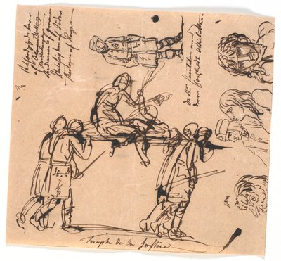 Triomf van de gerechtigheid. Vier gewapende mannen dragen een draagbaar, met een uitgestrekte en een zittende figuur door Nicolai Abildgaard