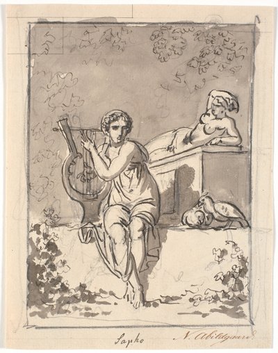 Sappho, zittend met haar lier, op de achtergrond rust een hermafrodiet door Nicolai Abildgaard