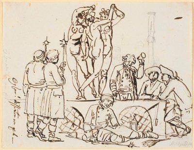 Satire over dat de politie en de loterij gevestigd waren in Charlottenborg samen met de Kunstacademie. Mensen van de loterij en wachters worden gezien samen met de drie gratiën door Nicolai Abildgaard