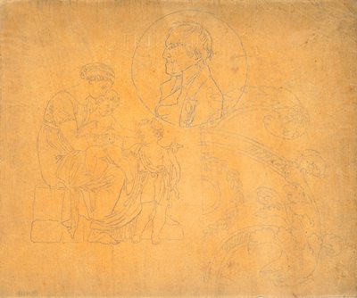 Zittende vrouw met twee kinderen en portret in profiel in cirkelcompositie door Nicolai Abildgaard