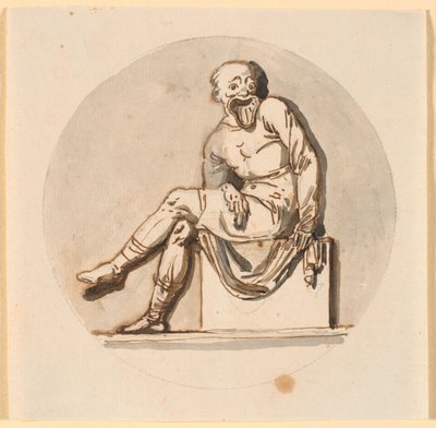 Zittende maskerfiguur, cirkelvormig ingelijst. Ontwerp voor decoratie in het theehuis in Sorgenfri park door Nicolai Abildgaard