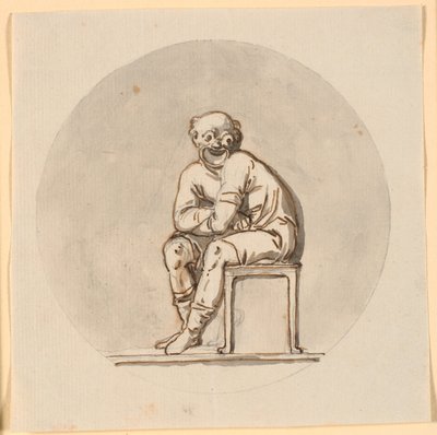Zittend maskerfiguur, cirkelvormig ingelijst. Ontwerp voor decoratie in het theehuis in Sorgenfri park door Nicolai Abildgaard