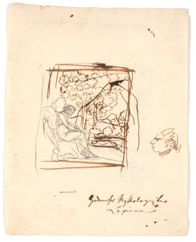 Zittende gevleugelde genius, op de achtergrond bomen; aan de rechterkant een karikatuurhoofd door Nicolai Abildgaard