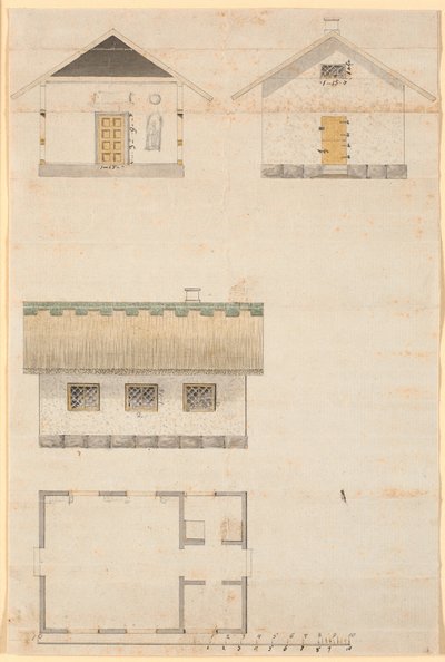 Doorsnede en plattegrond van een theehuis in Sorgenfri park door Nicolai Abildgaard