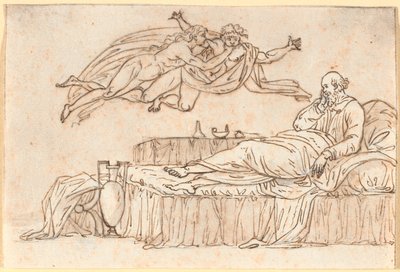 Socrates rustend op zijn bed; in de lucht twee zwevende "daimonen" door Nicolai Abildgaard