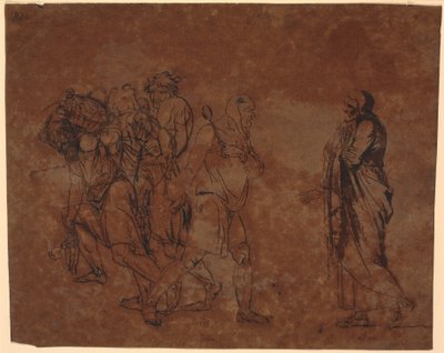 Studie van Simo, Sosie en de slaven, in het schilderij met deze figuren. [Simo vertrouwt Sosia] door Nicolai Abildgaard