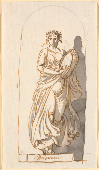 Terpsichore, muze van de dans, als standbeeld in een nis door Nicolai Abildgaard