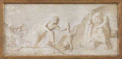 Thetis dompelt haar zoon Achilles onder in de rivier Styx om hem onkwetsbaar te maken door Nicolai Abildgaard