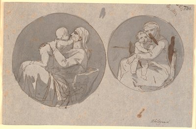 Twee cirkelvormige composities van een moeder die haar kind in haar armen houdt door Nicolai Abildgaard